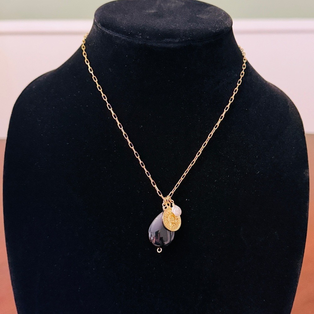 Mayamar 24K Gold Necklace w/ Onyx, Coin & Pearl Pendant | Boho Luxe‎